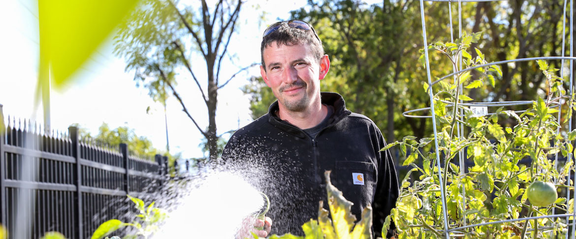 UWM team member watering plants