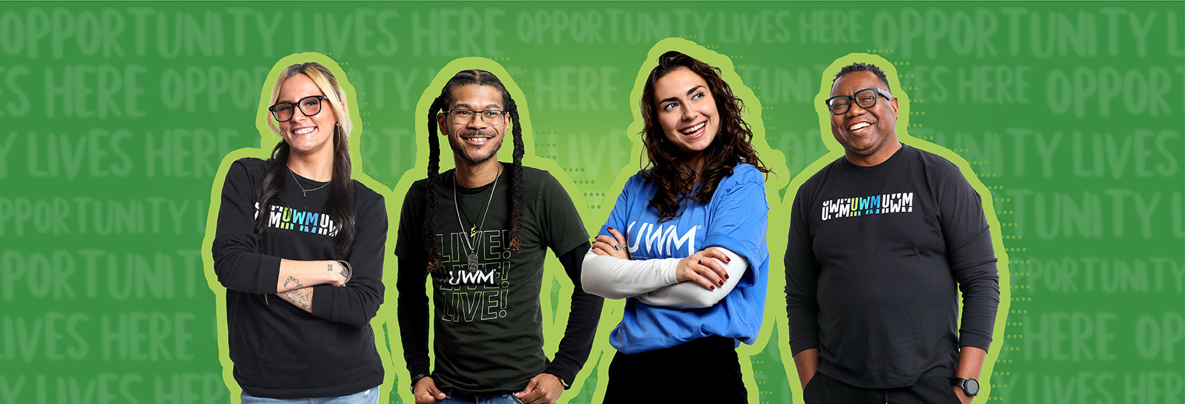 Landing page banner showing four happy professionals wearing UWM shirts