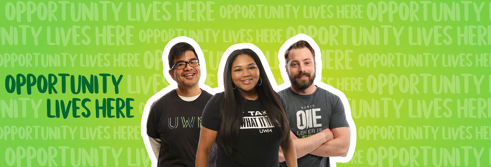 Landing page banner showing four happy professionals wearing UWM shirts